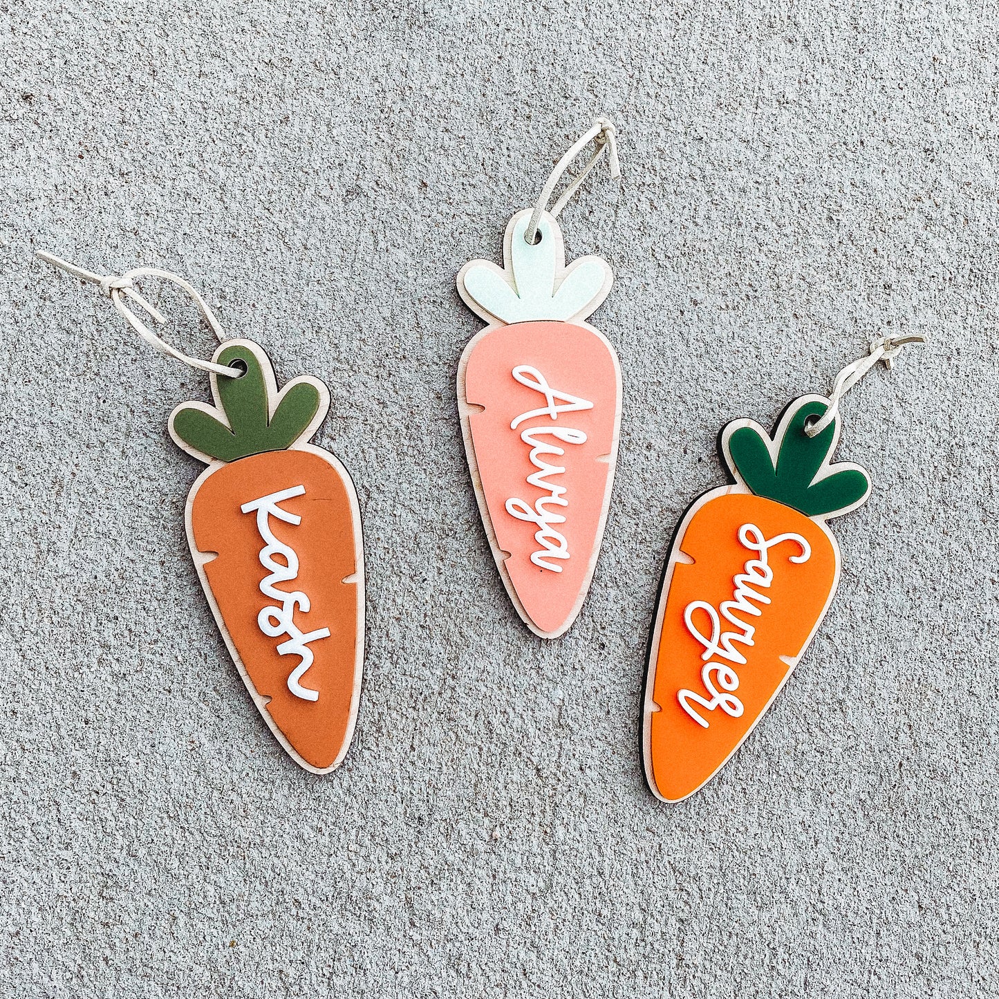 Carrot-shaped personalized wood gift tag for Easter baskets with engraved name