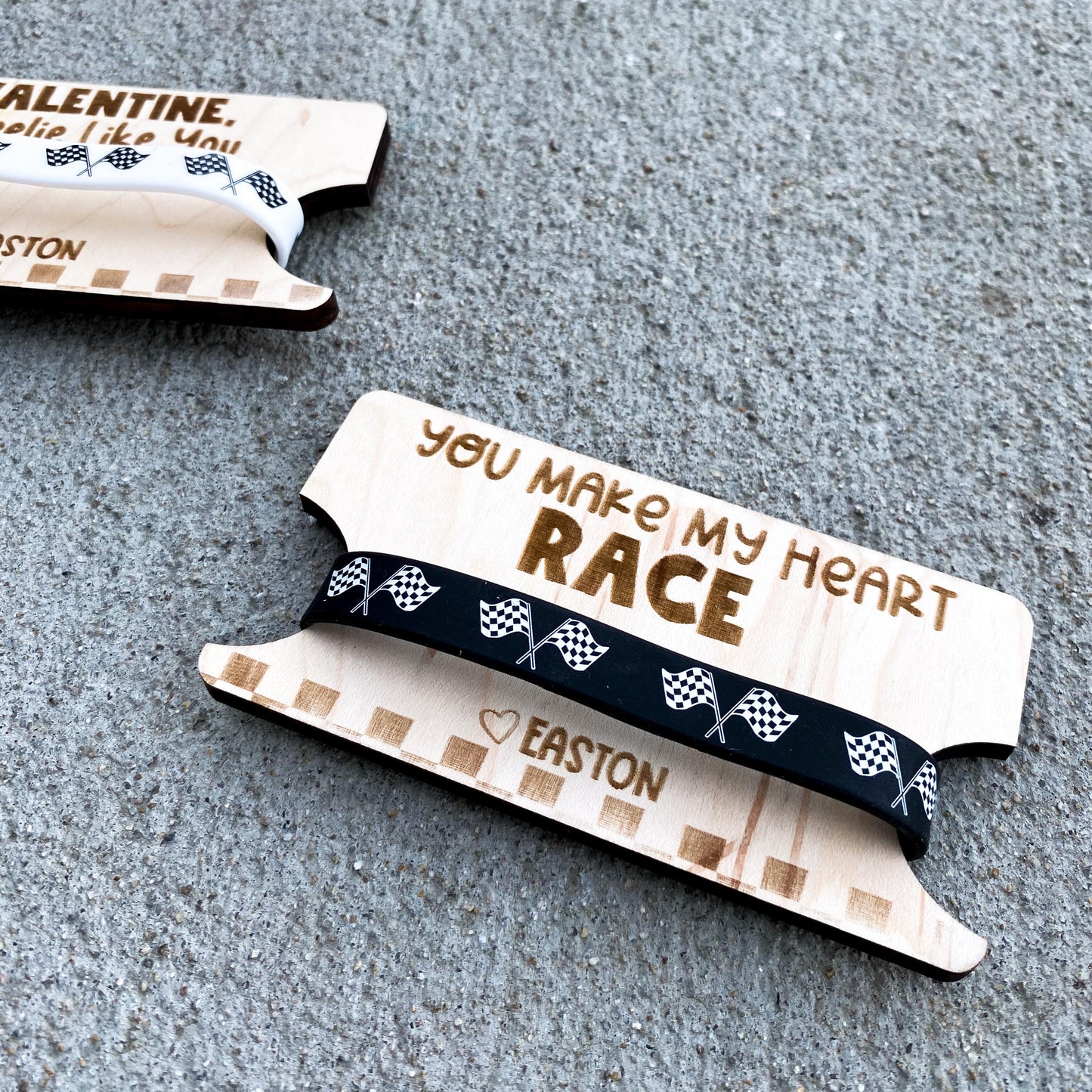 Motocross dirt bike bracelet Valentine cards displayed for classroom party