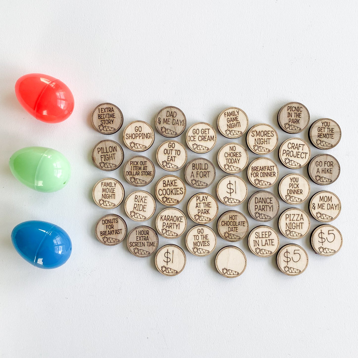 Personalized Easter egg hunt tokens in natural wood, fun alternative egg filler