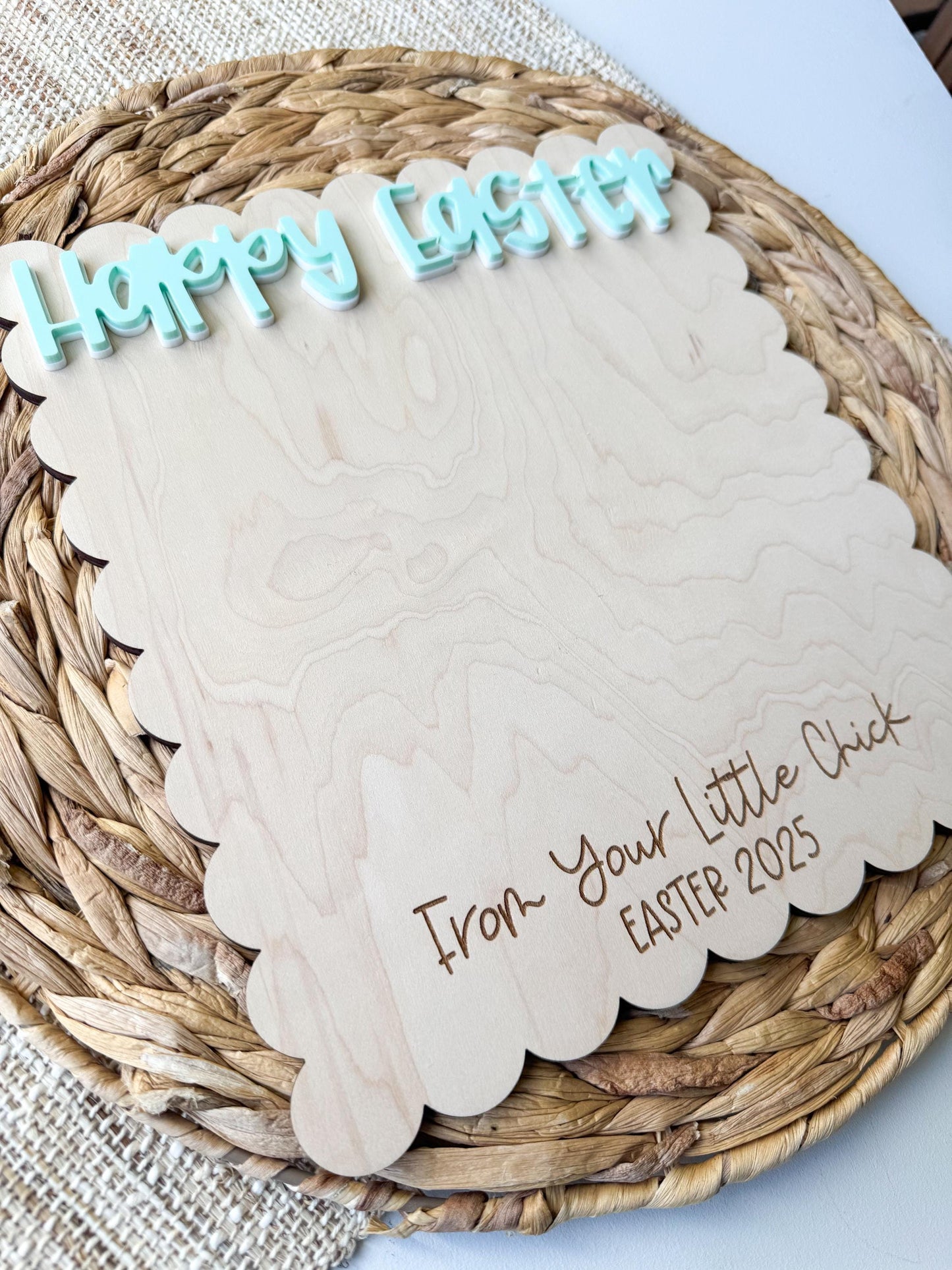 Close-up of Baby's First Easter chick handprint wood sign with personalized name
