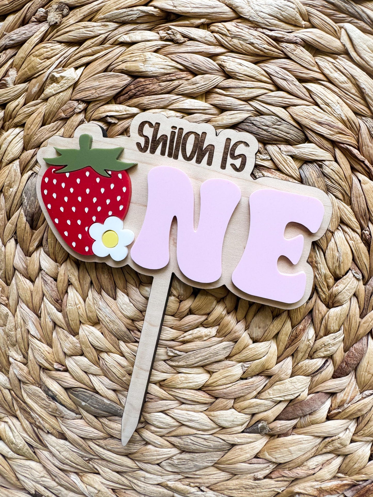 Strawberry One Cake Topper | Custom First Birthday Party Decor | 1st baby girls birthday theme | Berry First Birthday | personalized wooden