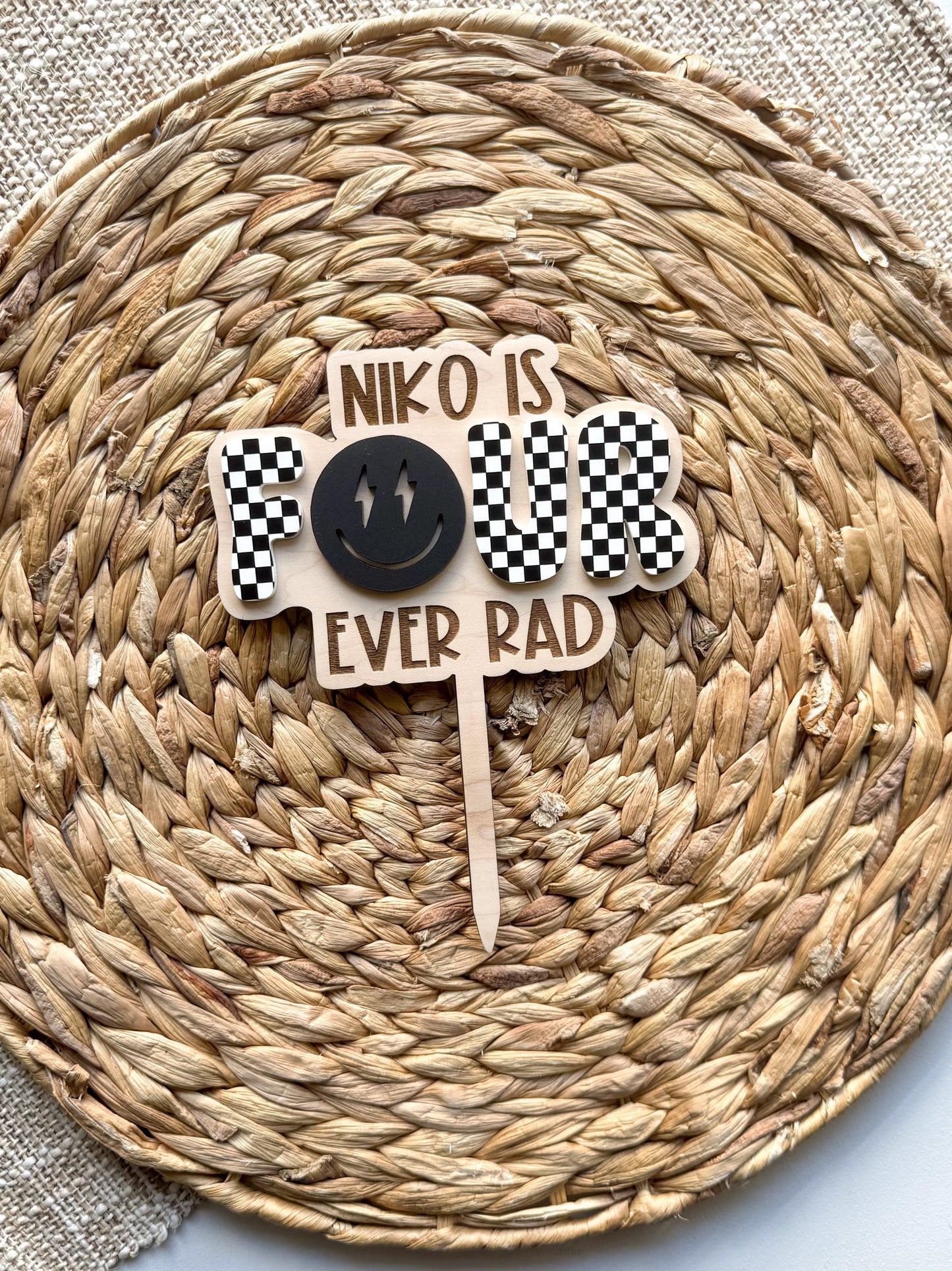 Four Ever Rad Dude Cake Topper | Birthday Party Decor | 4th birthday Party | boys birthday theme | Cake Topper Birthday | Checker Decor