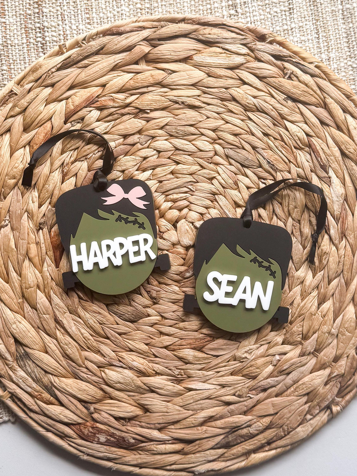 Personalized Frankenstein Boo Basket Tag | Maple Wood and Acrylic Halloween Name Tag