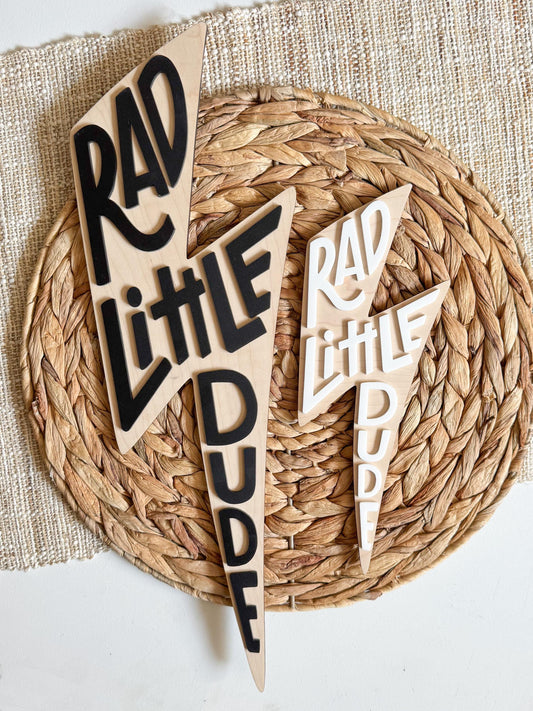 Rad Little Dude maple wood wall sign for boys room, boho kids bedroom decor