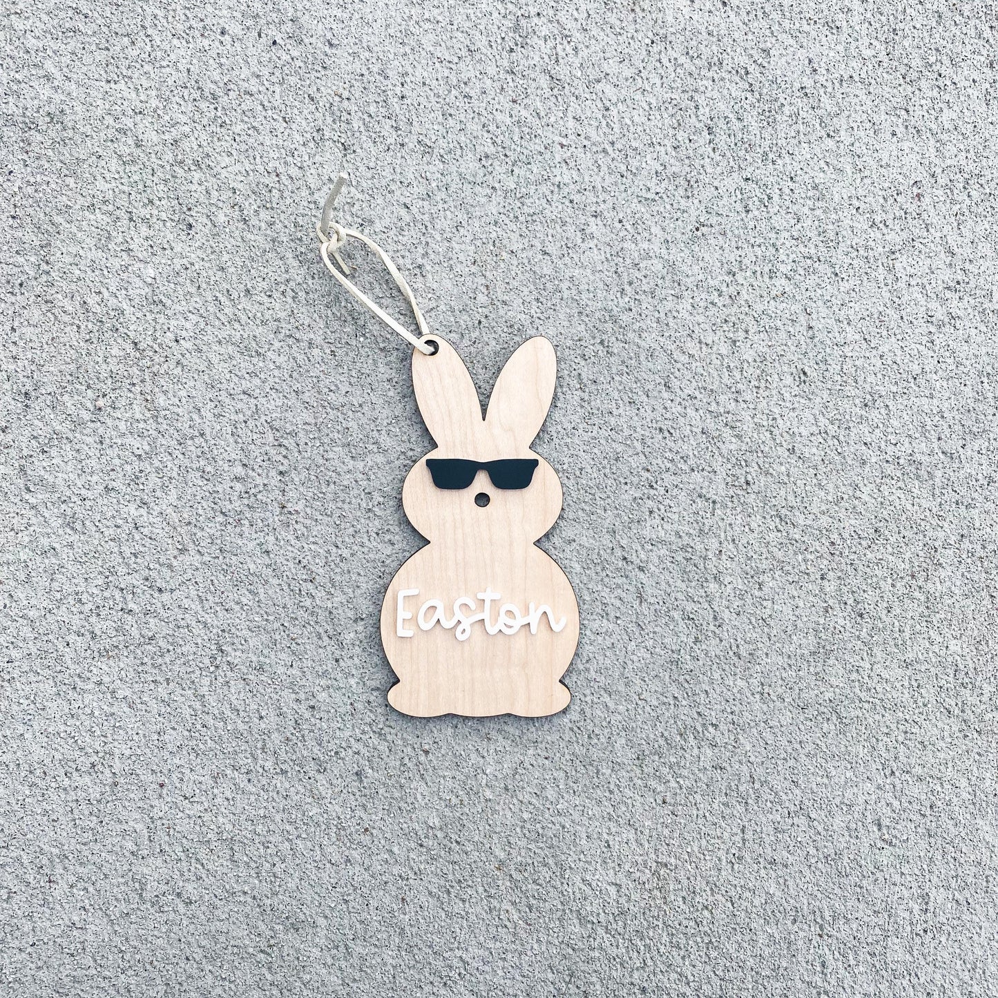 Personalized cool bunny Easter tag for kids baskets in natural wood