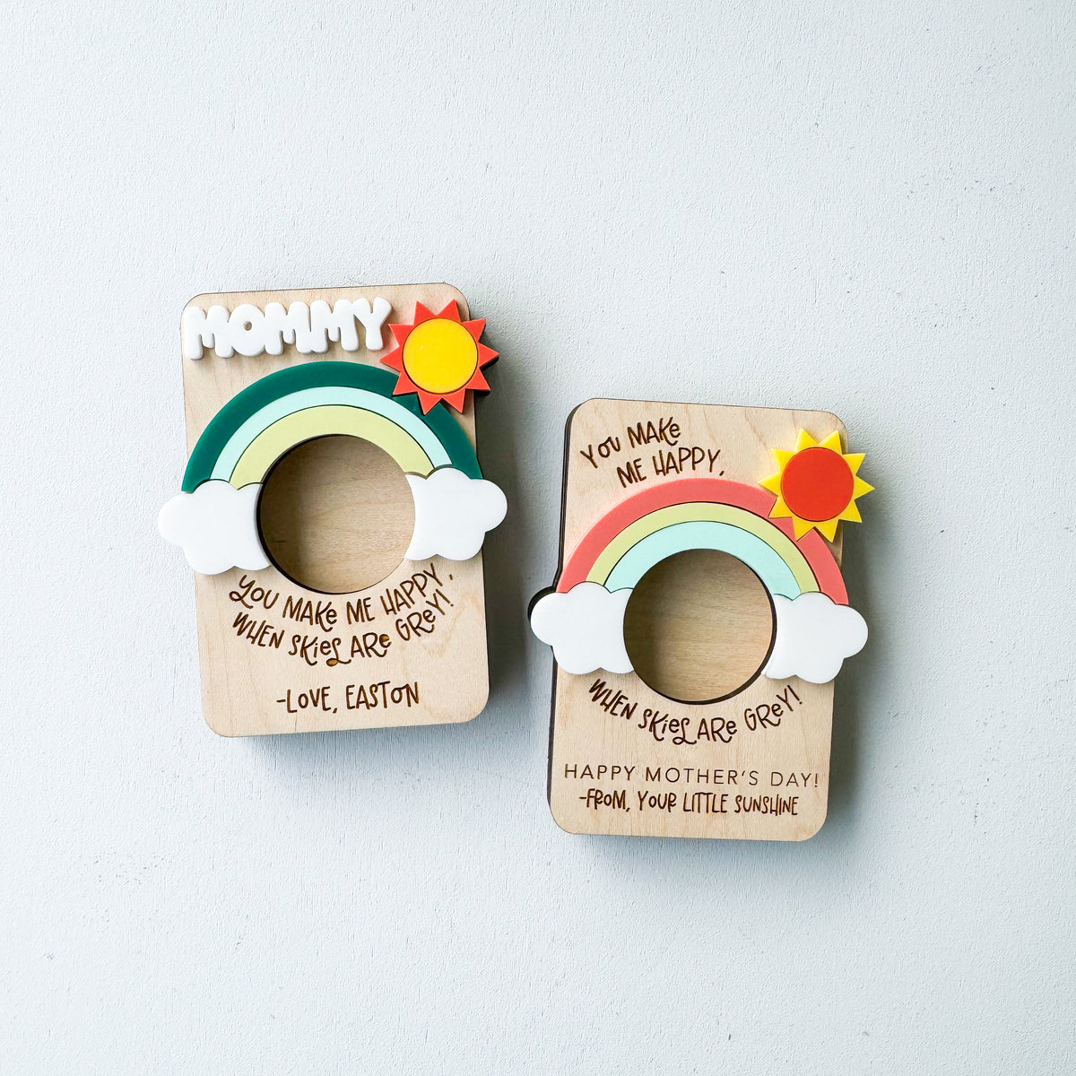 Close-up of personalized rainbow Mother's Day photo magnet with custom name detail