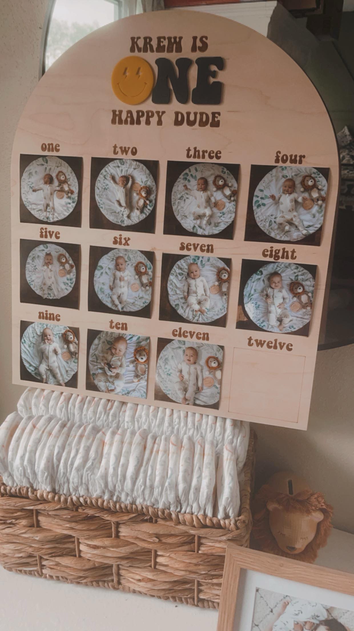 One Happy Dude first year photo board in maple wood, 1st birthday monthly milestone display