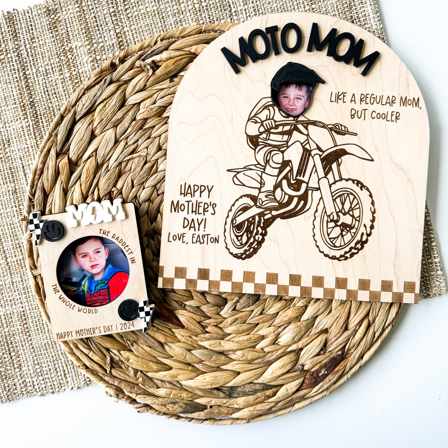 Close-up of personalized Moto Mom sign with custom name and message detail