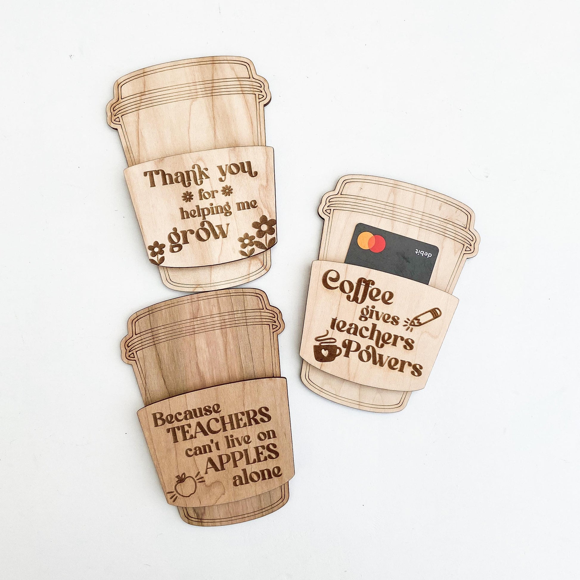 Teacher appreciation coffee gift card holder showing maple wood construction
