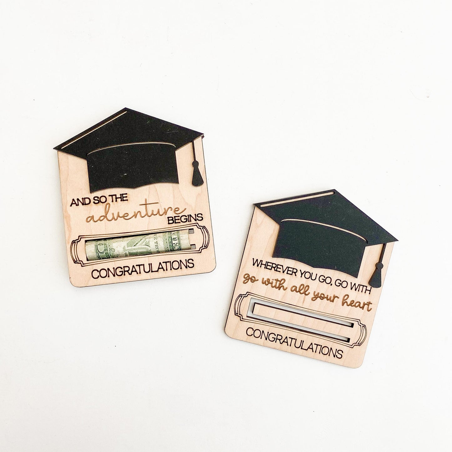 Graduation cap money gift holder in maple wood with black acrylic top, creative cash gift