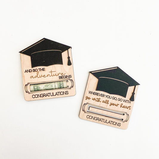 Graduation cap money gift holder in maple wood with black acrylic top, creative cash gift