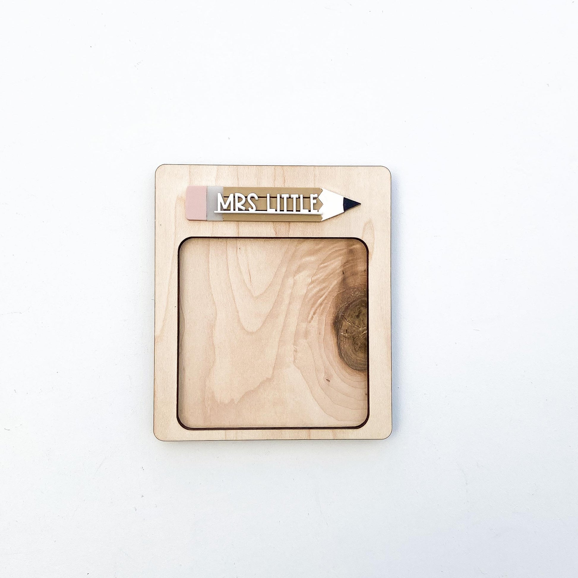 3D teacher note pad holder showing layered maple wood and acrylic construction