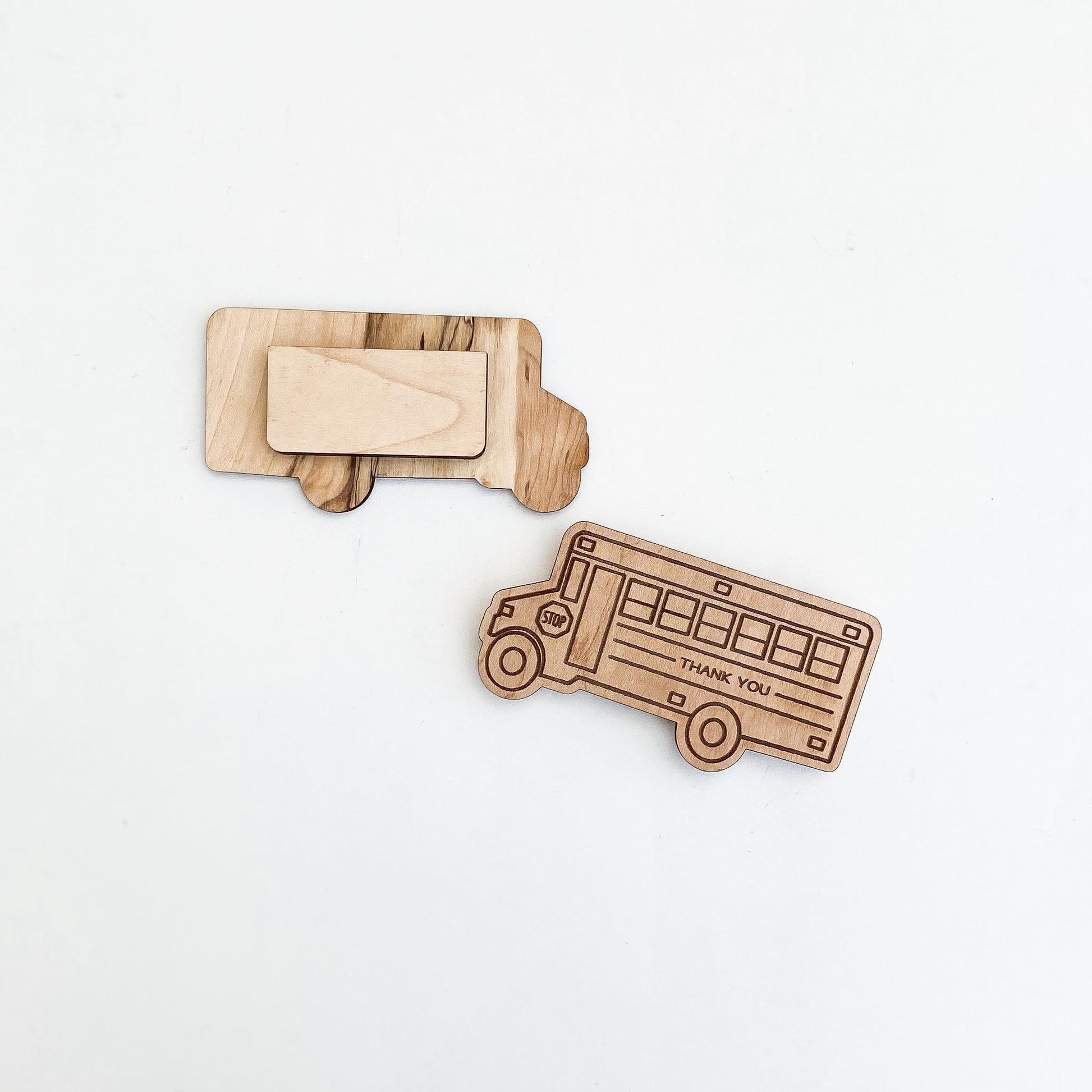 School bus shaped gift card holder in maple wood for bus driver or teacher appreciation