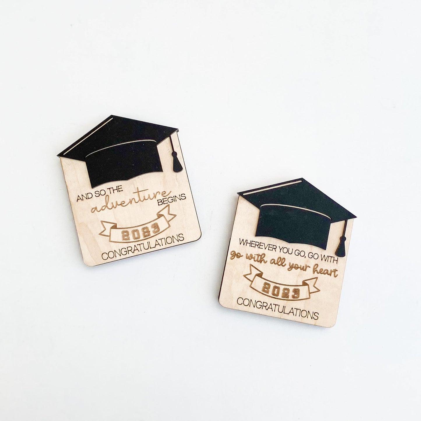 Wood graduation cap shaped gift card holder showing natural wood grain
