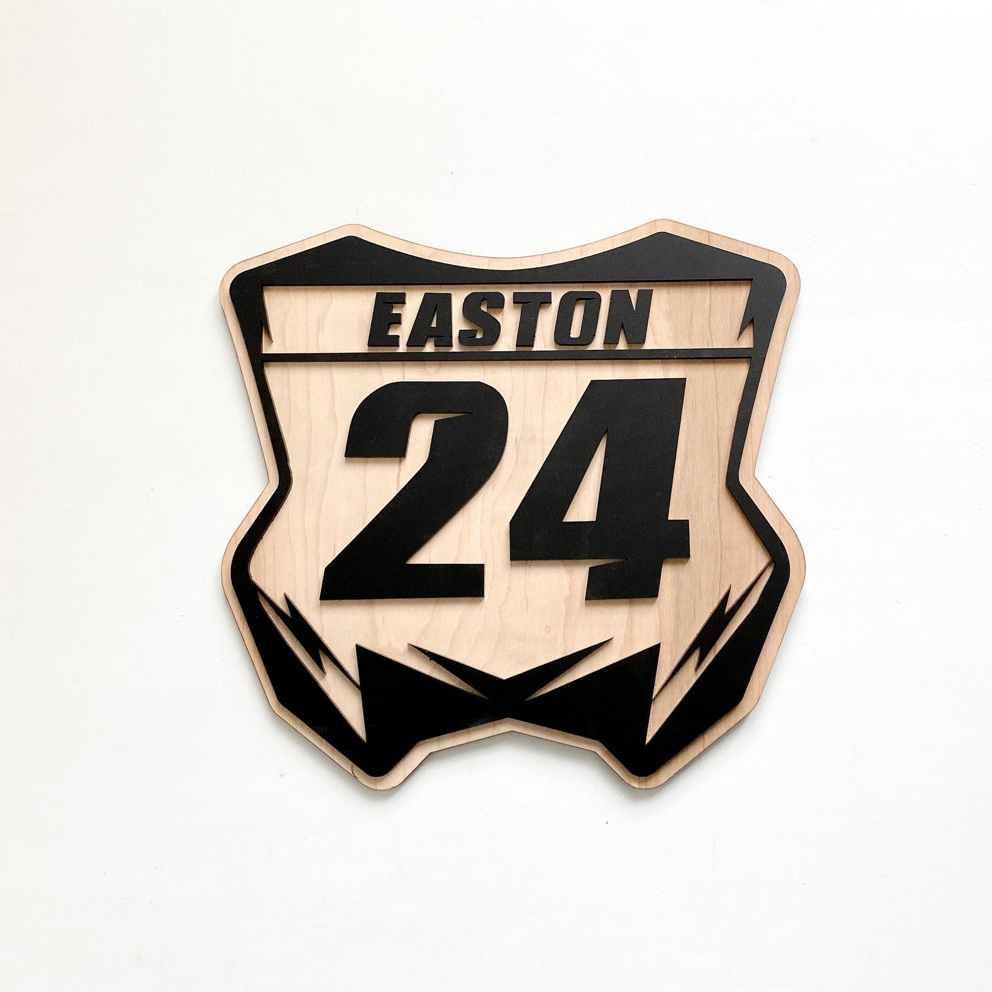 Personalized maple wood dirt bike number plate wall sign with custom name and number