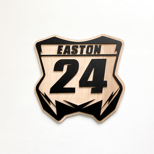 Personalized maple wood dirt bike number plate wall sign with custom name and number