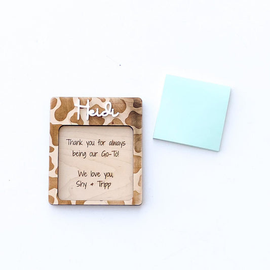 Cow print sticky note holder in maple wood with personalized name, fun desk accessory