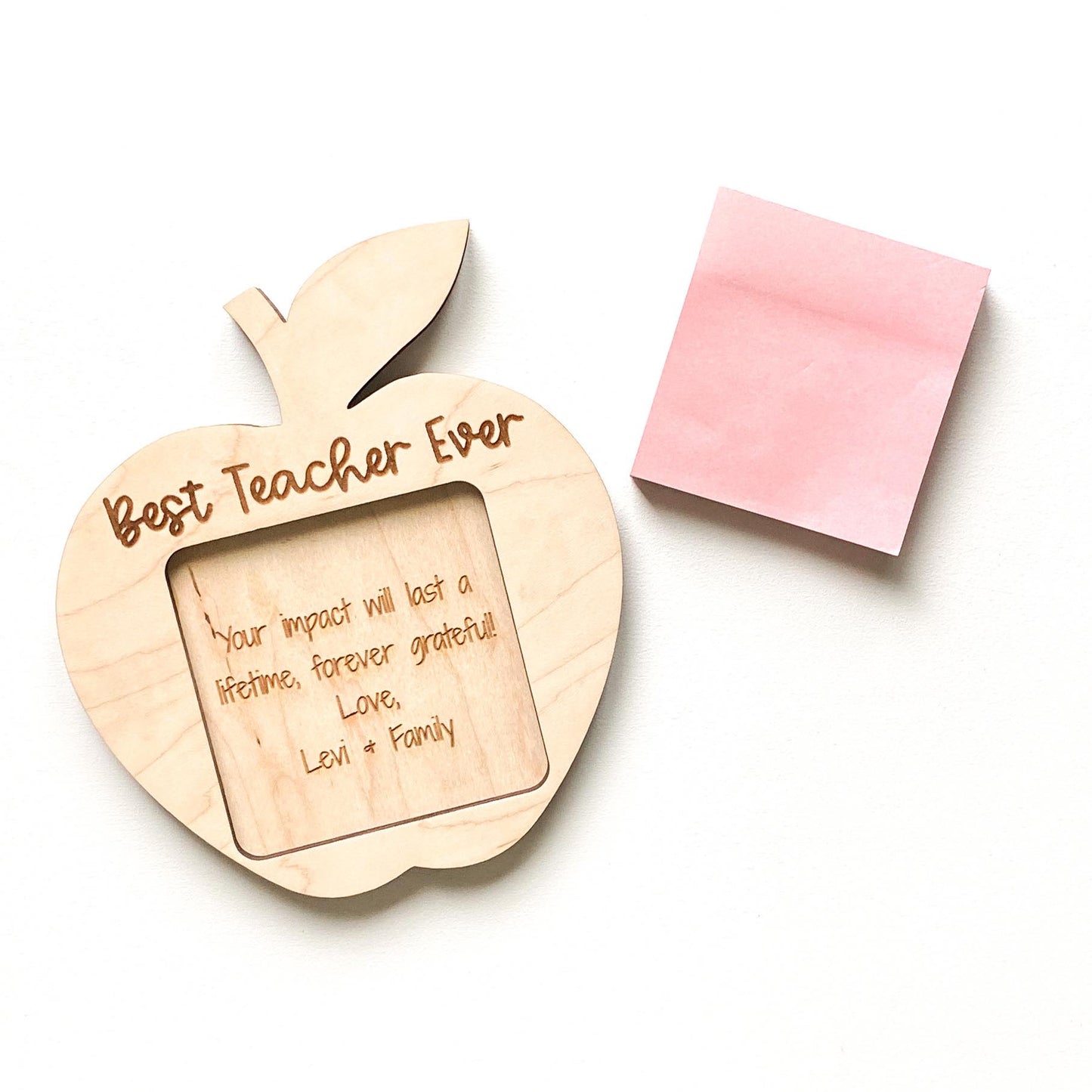 Custom apple sticky note holder in maple wood for teacher appreciation gift