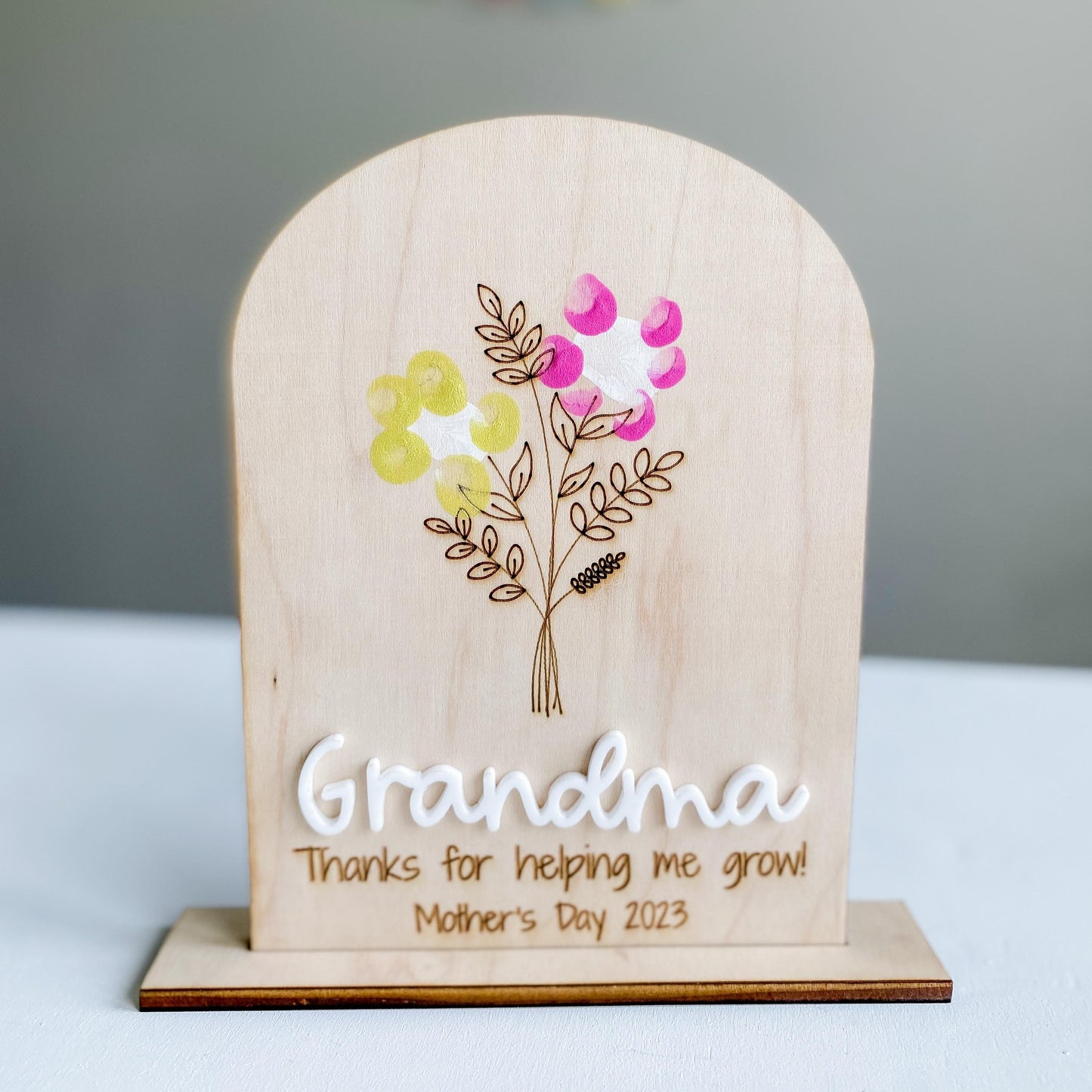 Mother's Day fingerprint flower sign in maple wood with child's fingerprints, personalized keepsake
