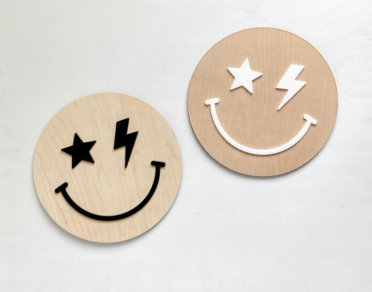 Rad Happy Face maple wood wall sign with smiley face design, boho kids room decor