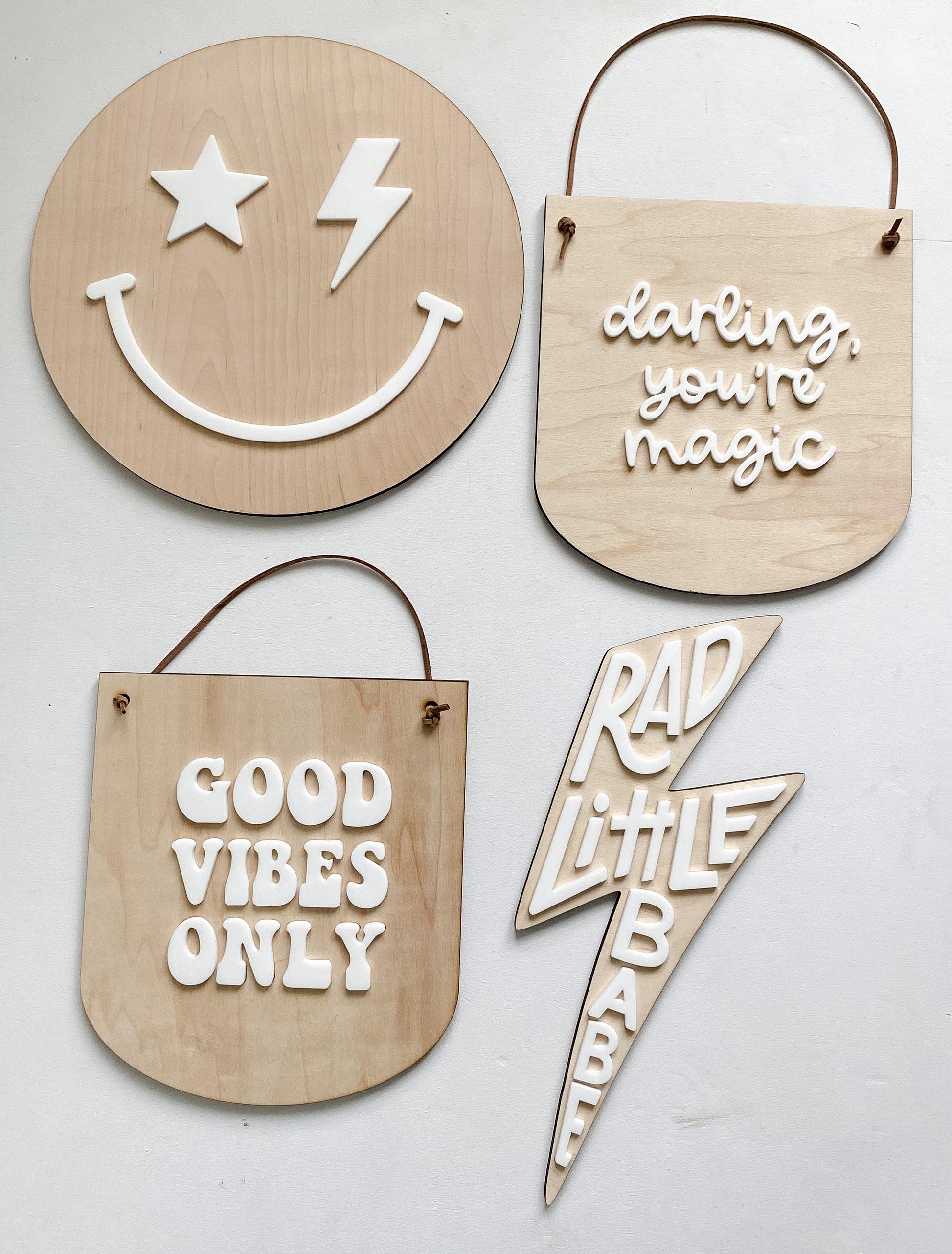 Rad Happy Face wooden sign showing engraved smiley design and natural wood grain