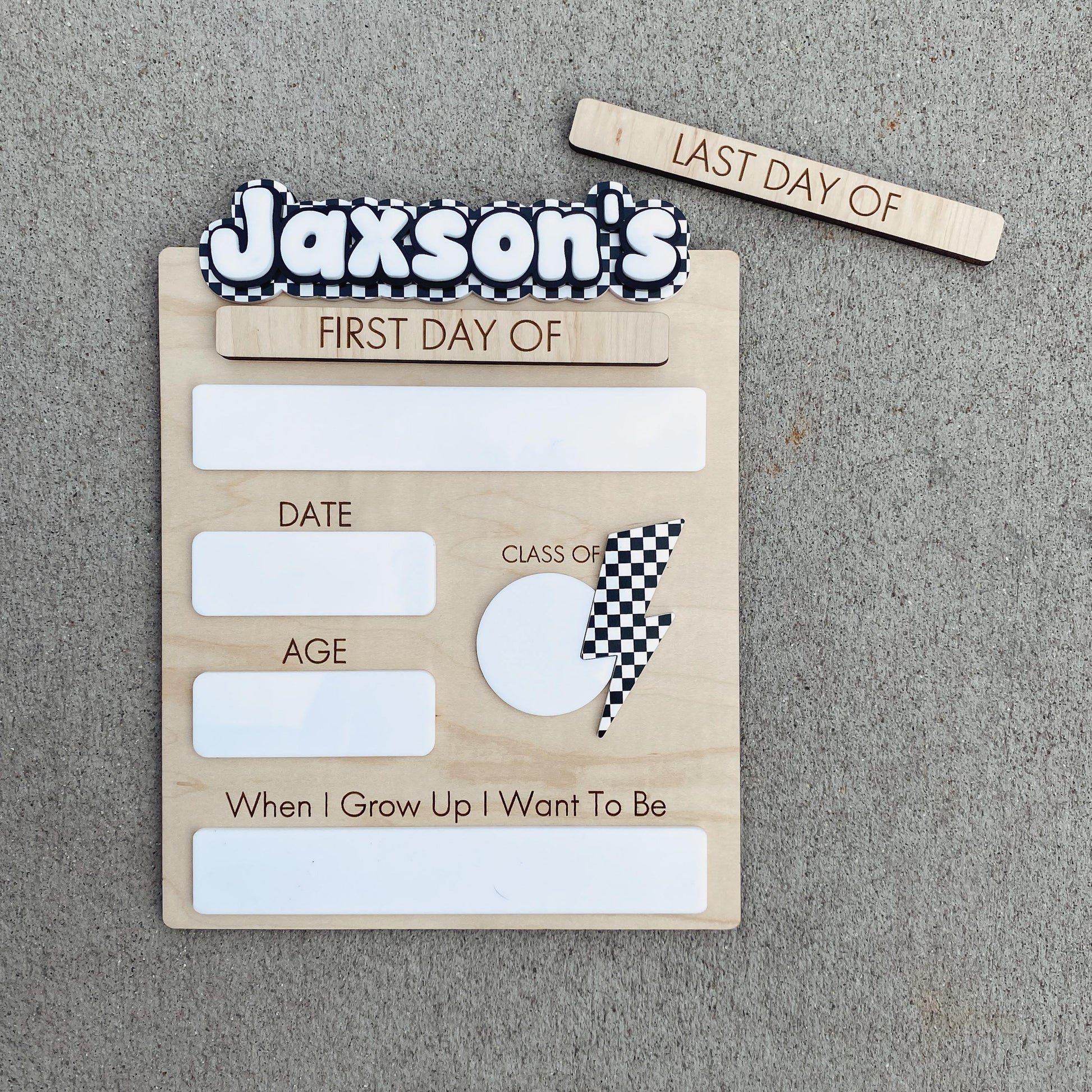 Checkerboard design first day of school sign with custom child's name