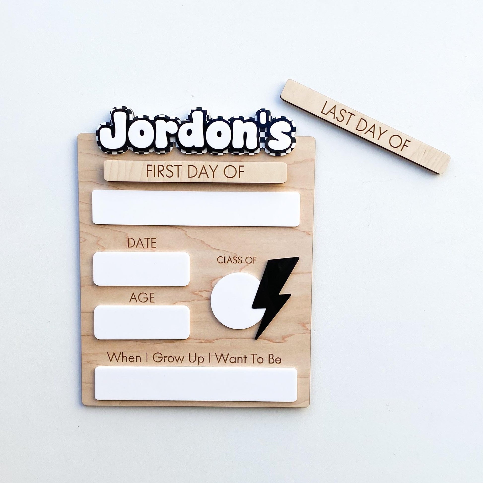 Checkerboard first day of school sign in wood and acrylic, personalized dry-erase board