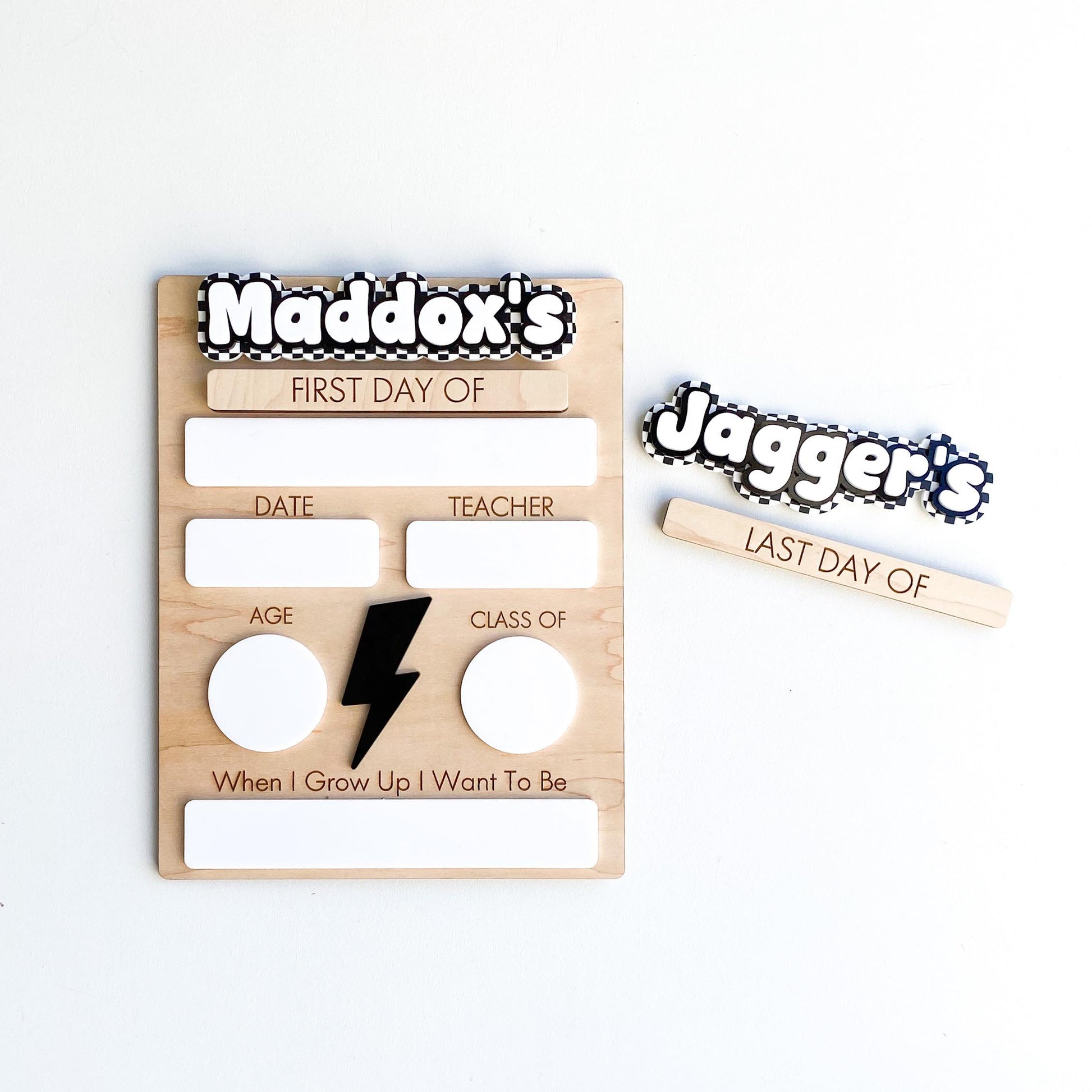 Lightning bolt back to school sign personalized with child's name, first day photo board