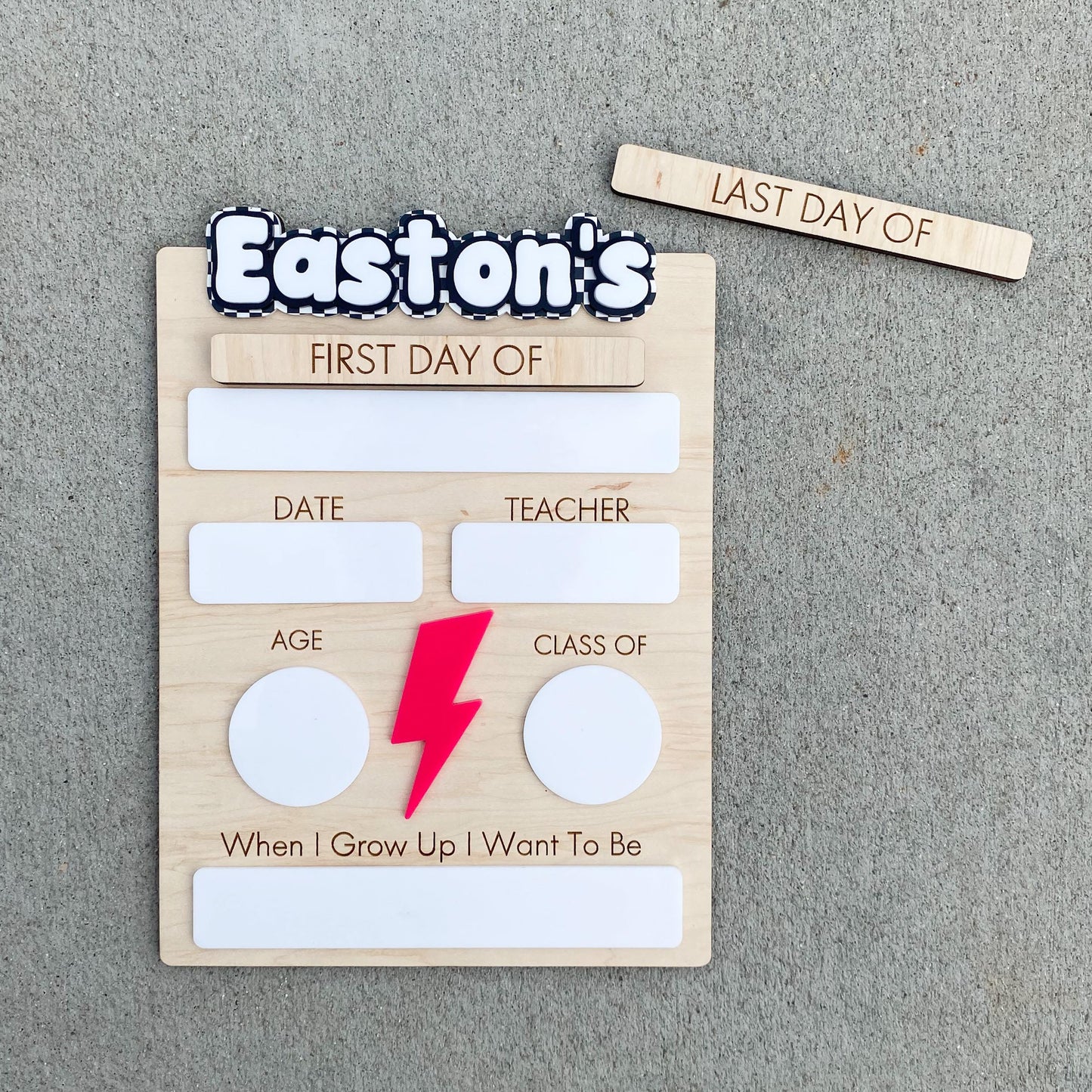 Personalized lightning first day of school board in styled school photo