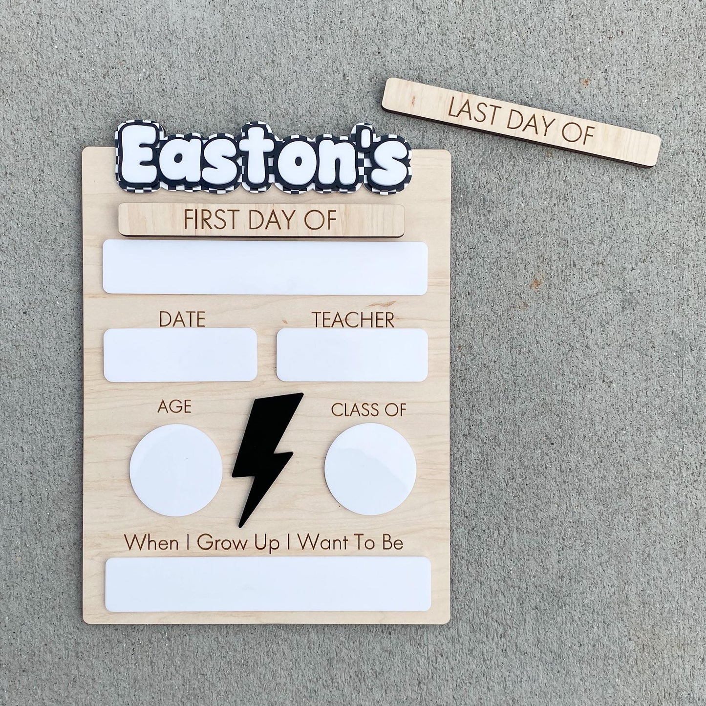 Lightning bolt first day of school sign in maple wood and acrylic, personalized dry-erase board