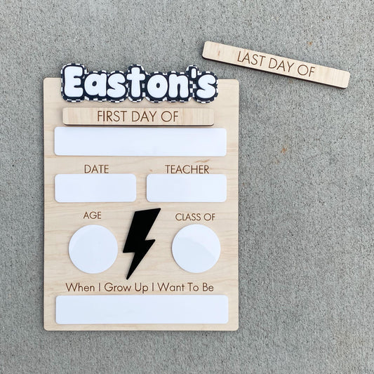 Lightning bolt first day of school sign in maple wood and acrylic, personalized dry-erase board