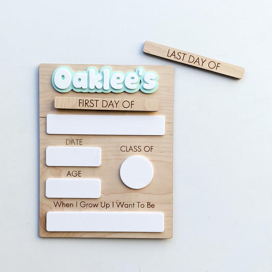 Personalized back to school sign for first and last day, reusable wood and acrylic board