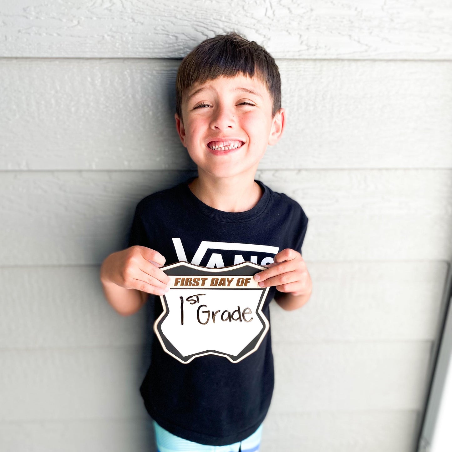 Dirt bike number plate first day of school sign with dry-erase grade and personalized name