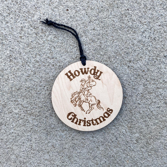 Howdy personalized western Christmas tree ornament in maple wood for country holiday decor