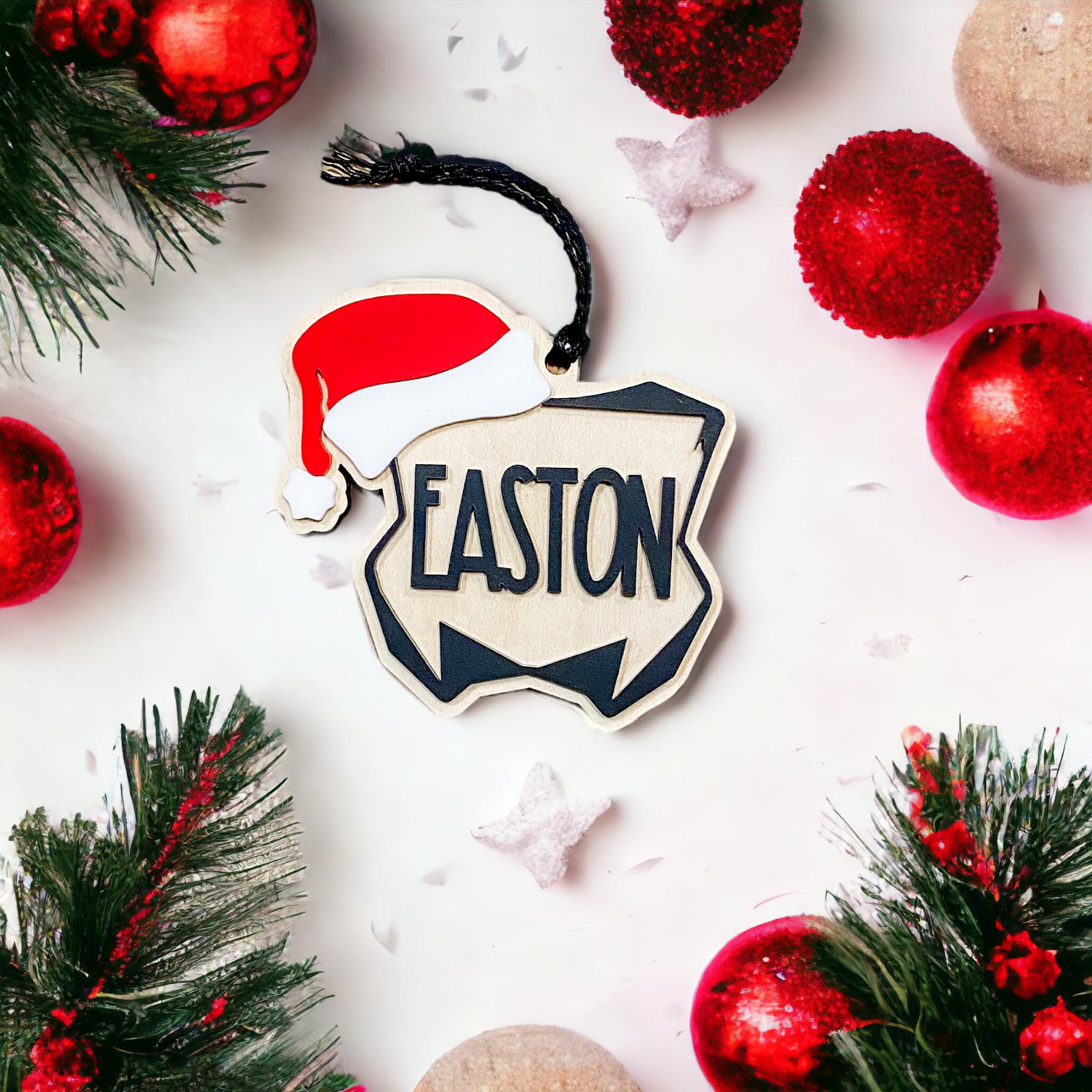 Personalized motocross Christmas ornament number plate design hanging on tree