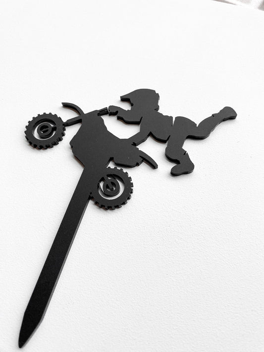 Dirt bike cake topper in acrylic for motocross birthday party, available in multiple colors