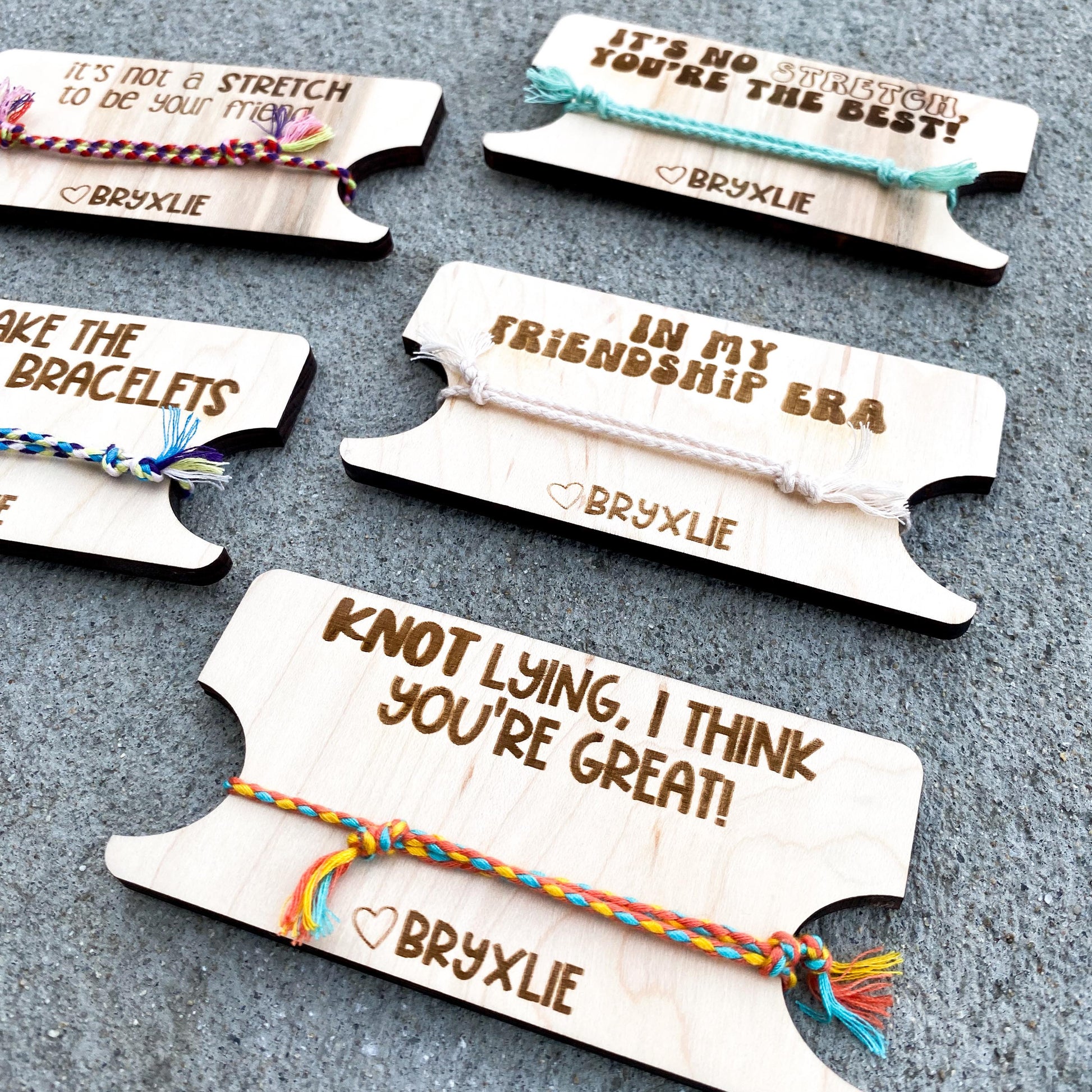 Close-up of friendship bracelet Valentine card with wearable bracelet attachment