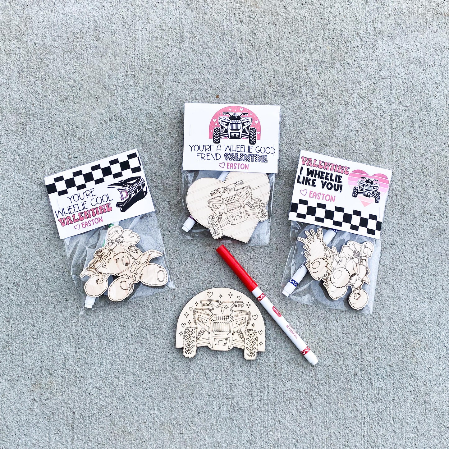 Color your own quad four-wheeler Valentine cards for kids classroom exchange