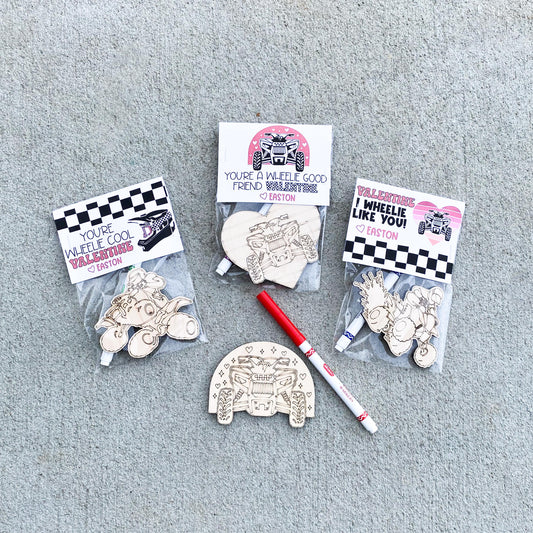 Color your own quad four-wheeler Valentine cards for kids classroom exchange