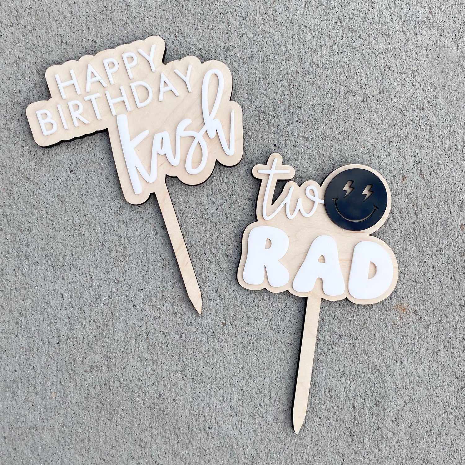 Modern birthday cake topper natural wood and acrylic classic minimalist clean two rad birthday party decor