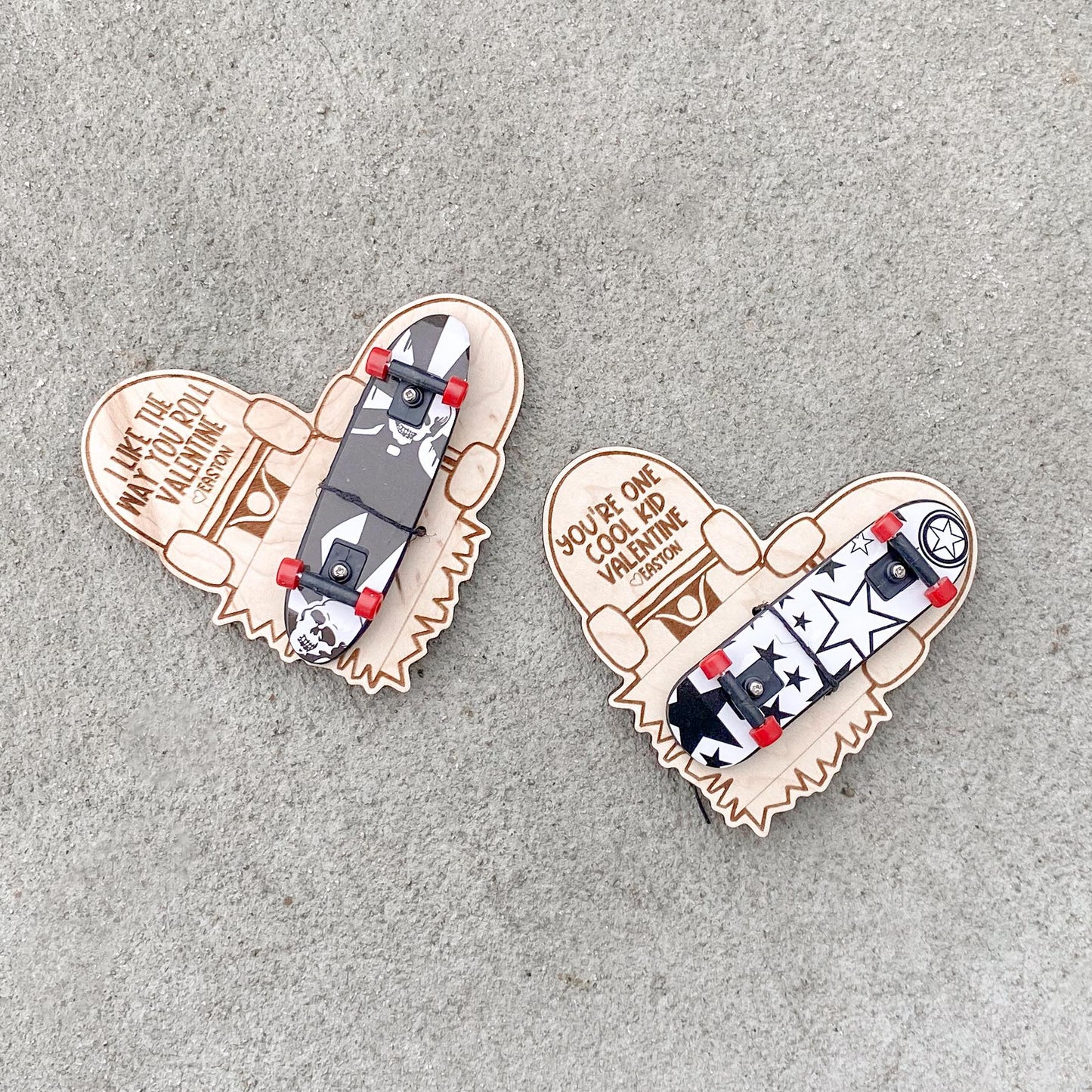 Mini skateboard Valentine cards displayed for kids classroom party