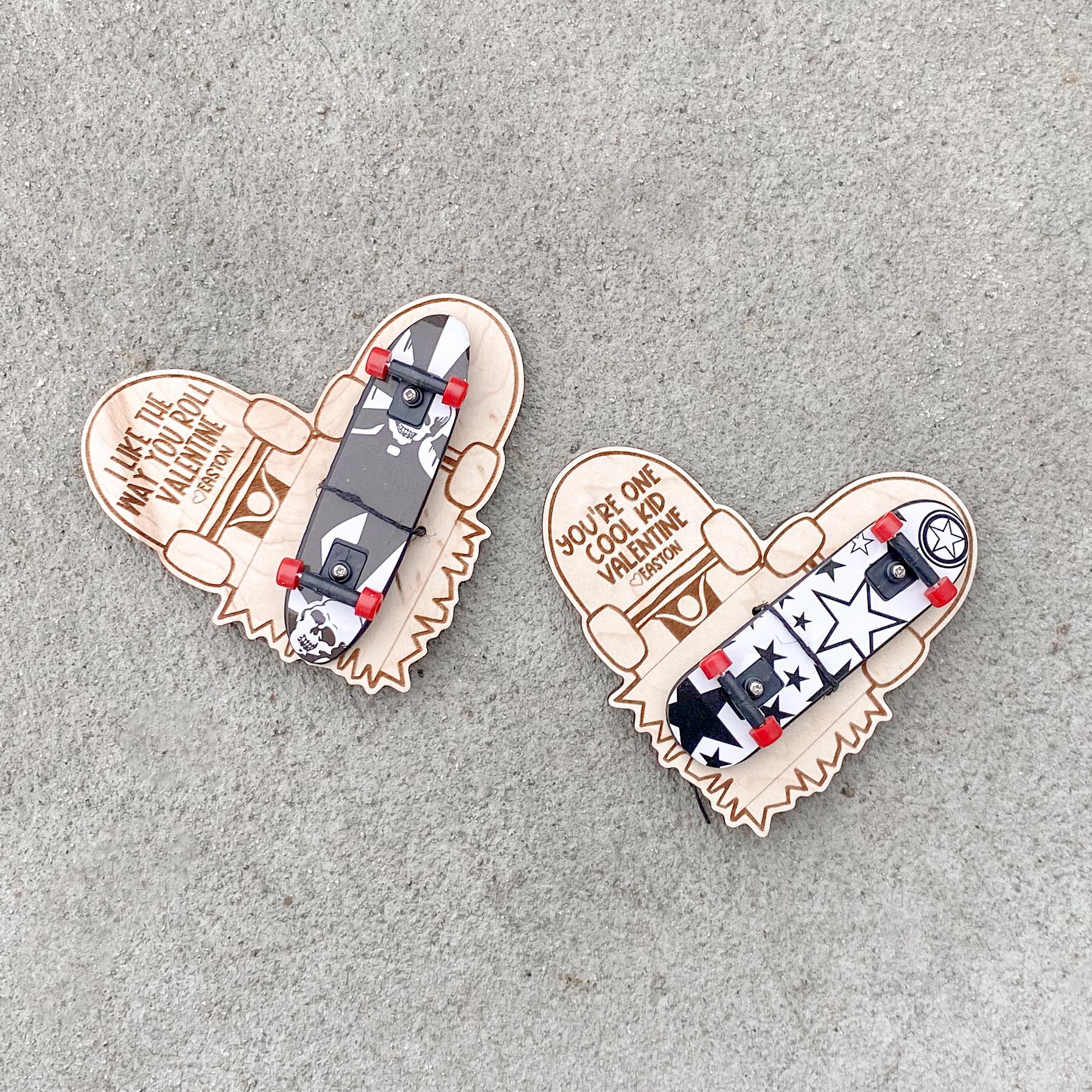 Mini skateboard Valentine cards displayed for kids classroom party