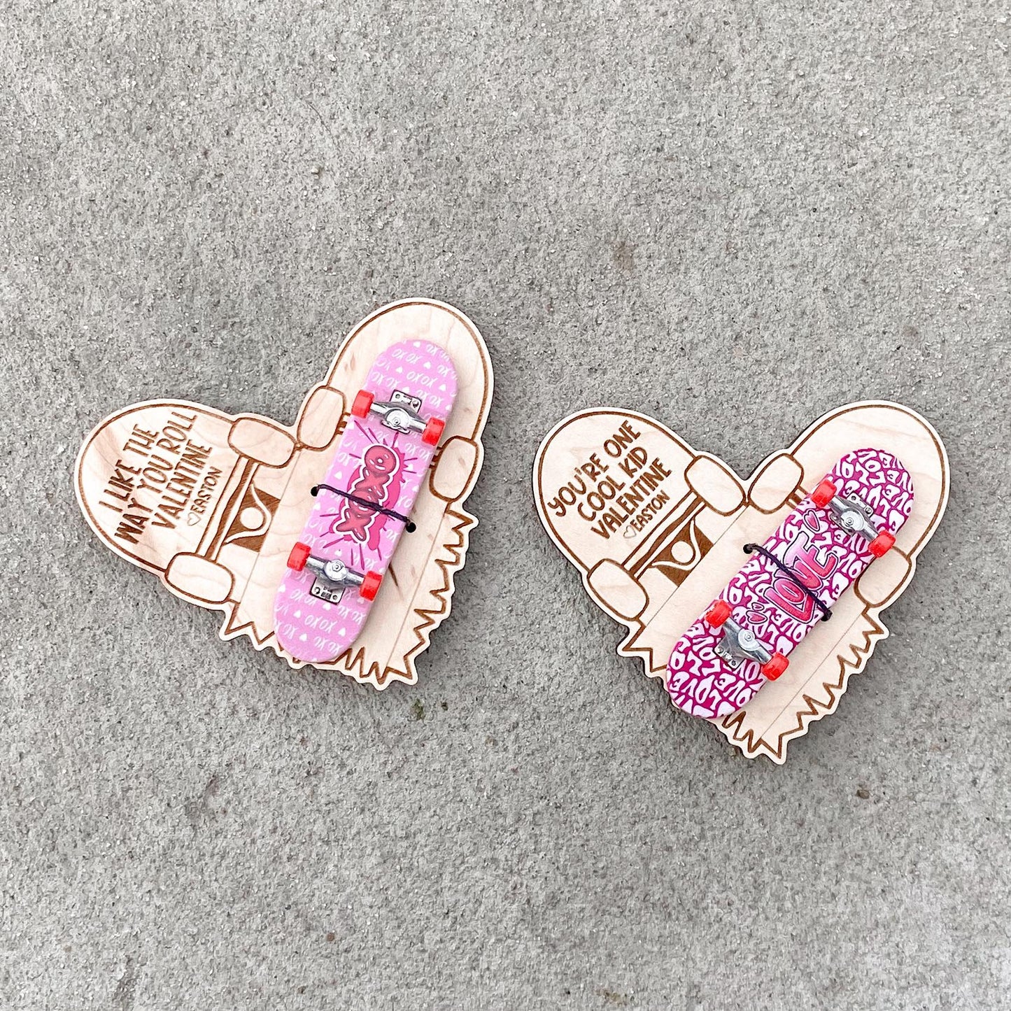 Mini skateboard Valentine card showing attached tiny skateboard