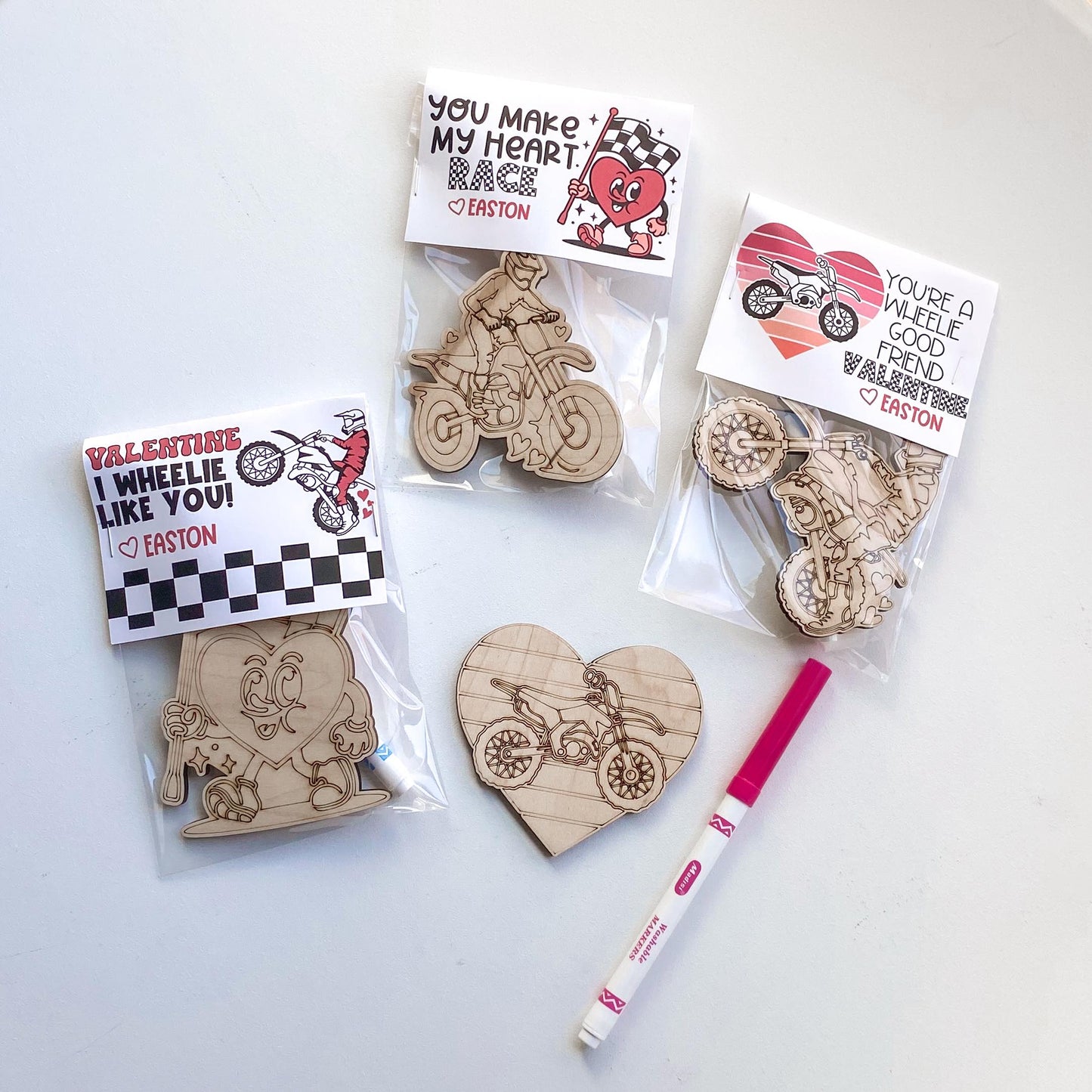 Close-up of updated dirt bike Valentine card design for kids classroom exchange