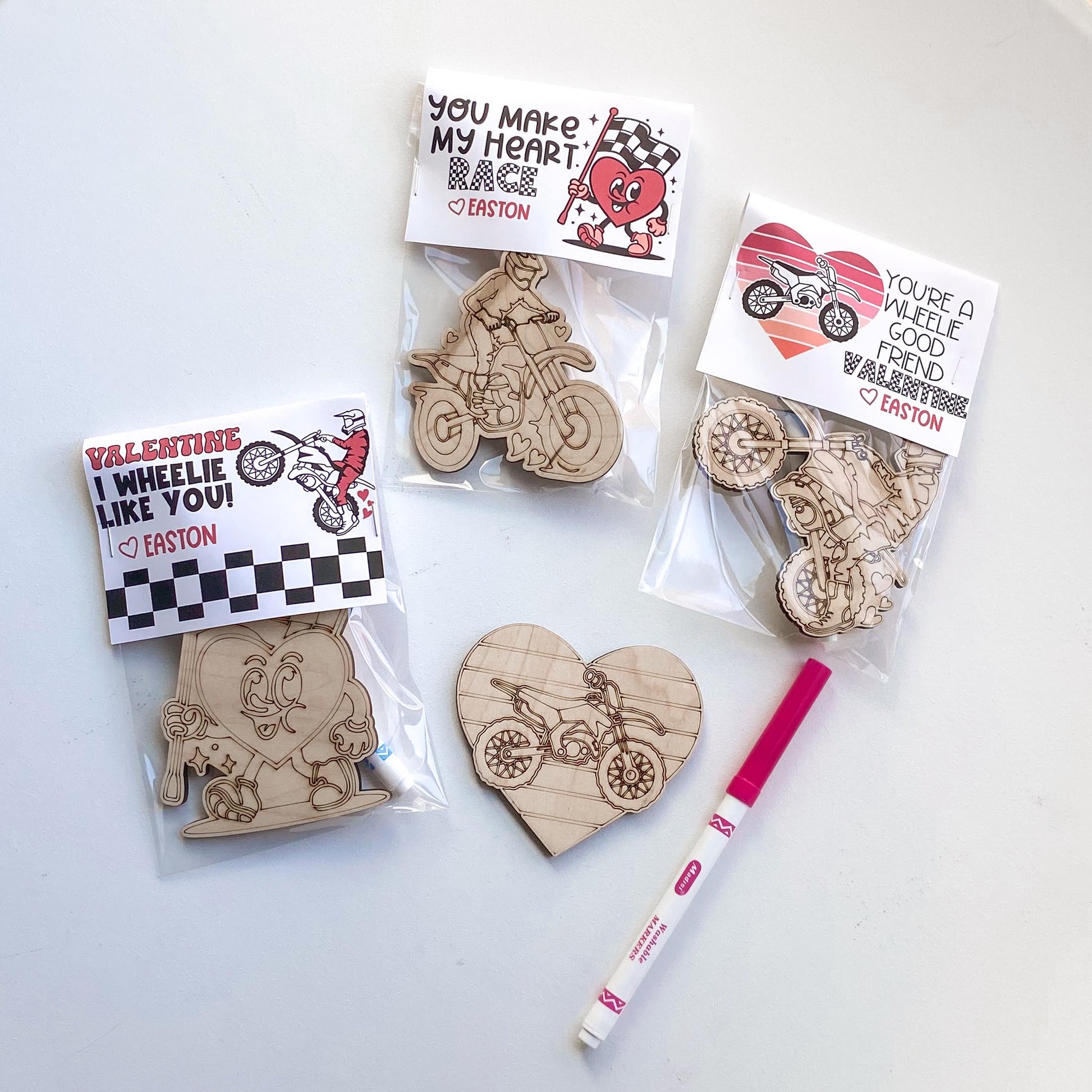 Close-up of updated dirt bike Valentine card design for kids classroom exchange