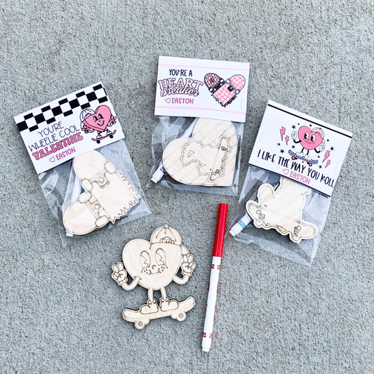 New design skateboard color-your-own Valentine cards for kids classroom exchange