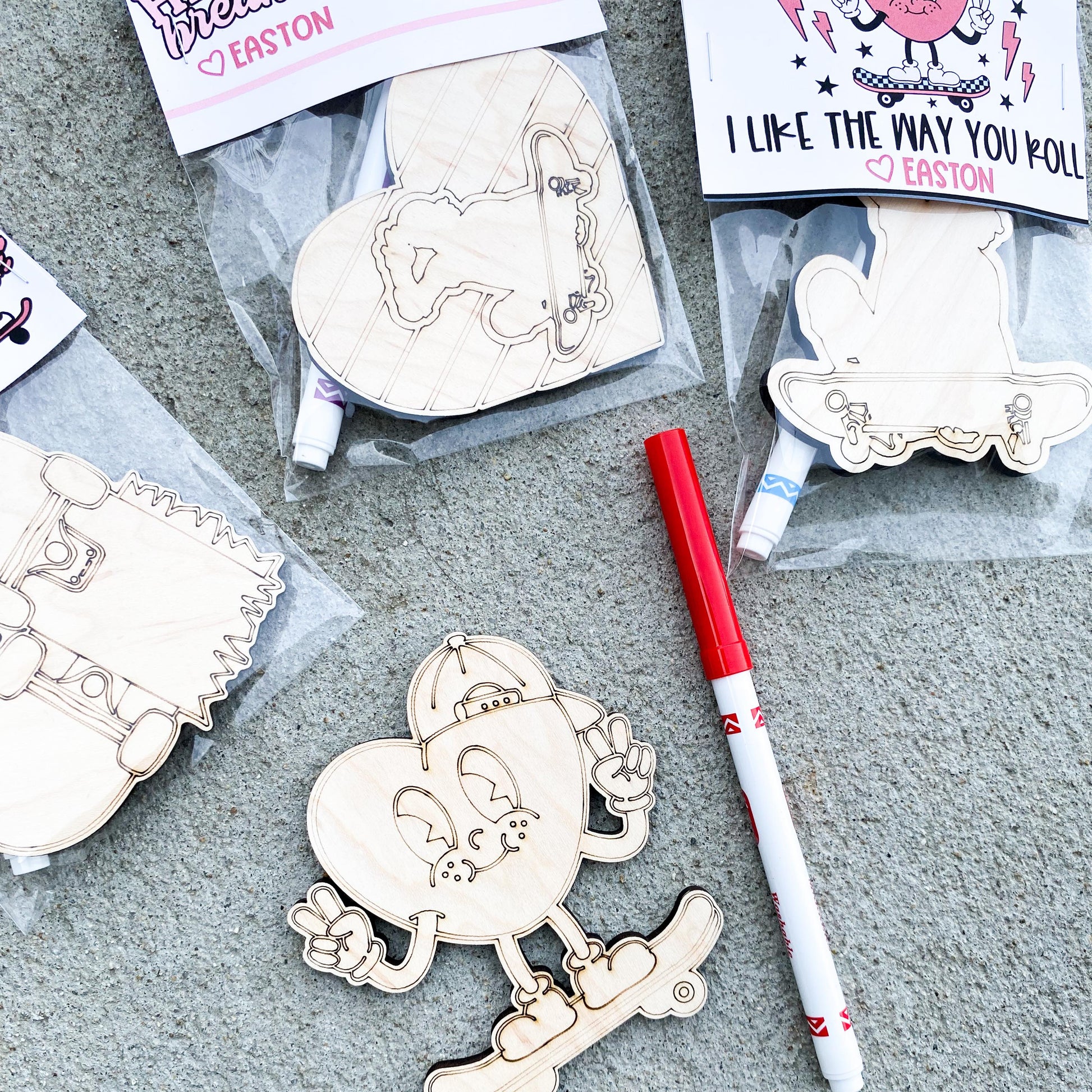 Updated skateboard Valentine cards showing new design ready to color