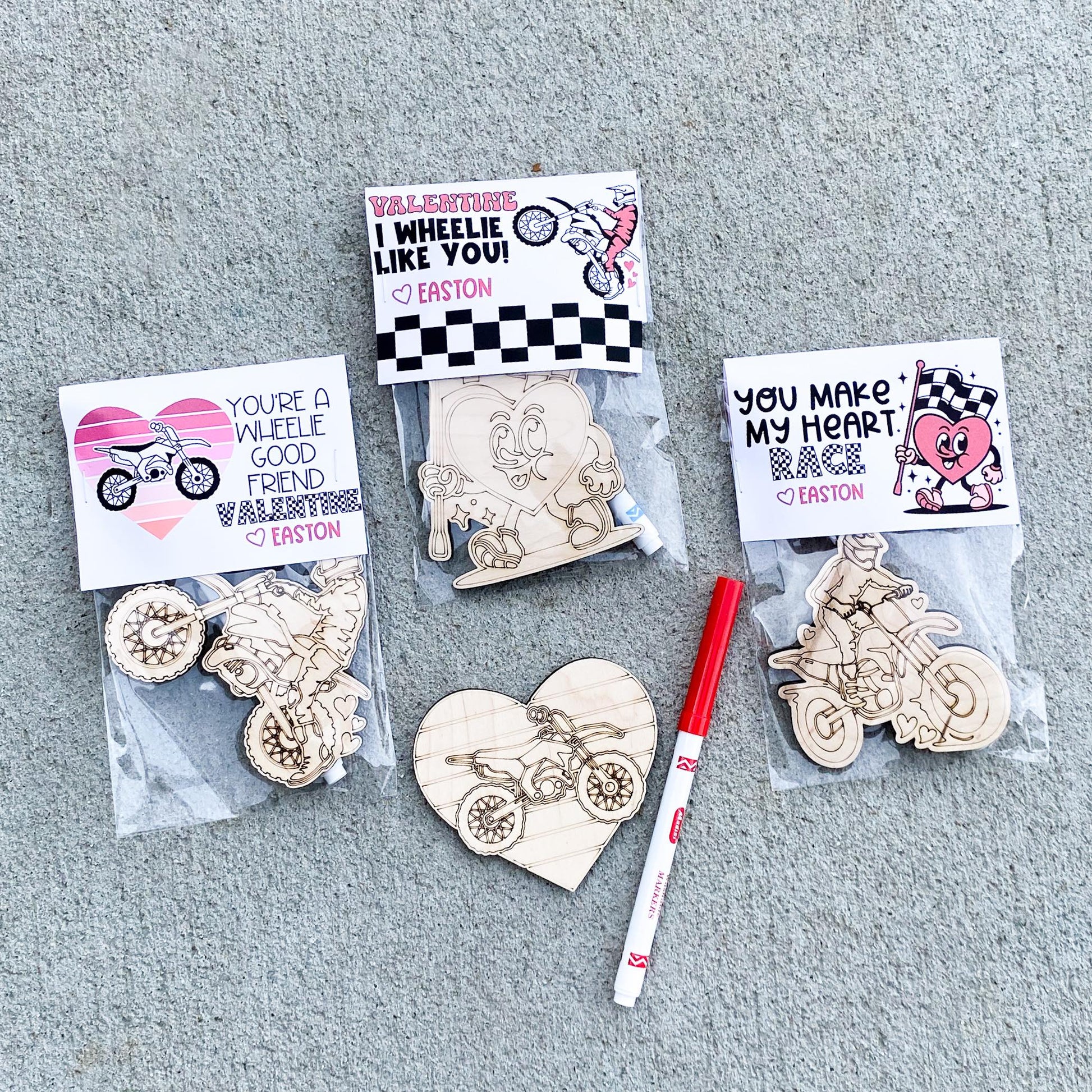 Updated dirt bike color-your-own Valentine cards for classroom exchange, non-candy gift