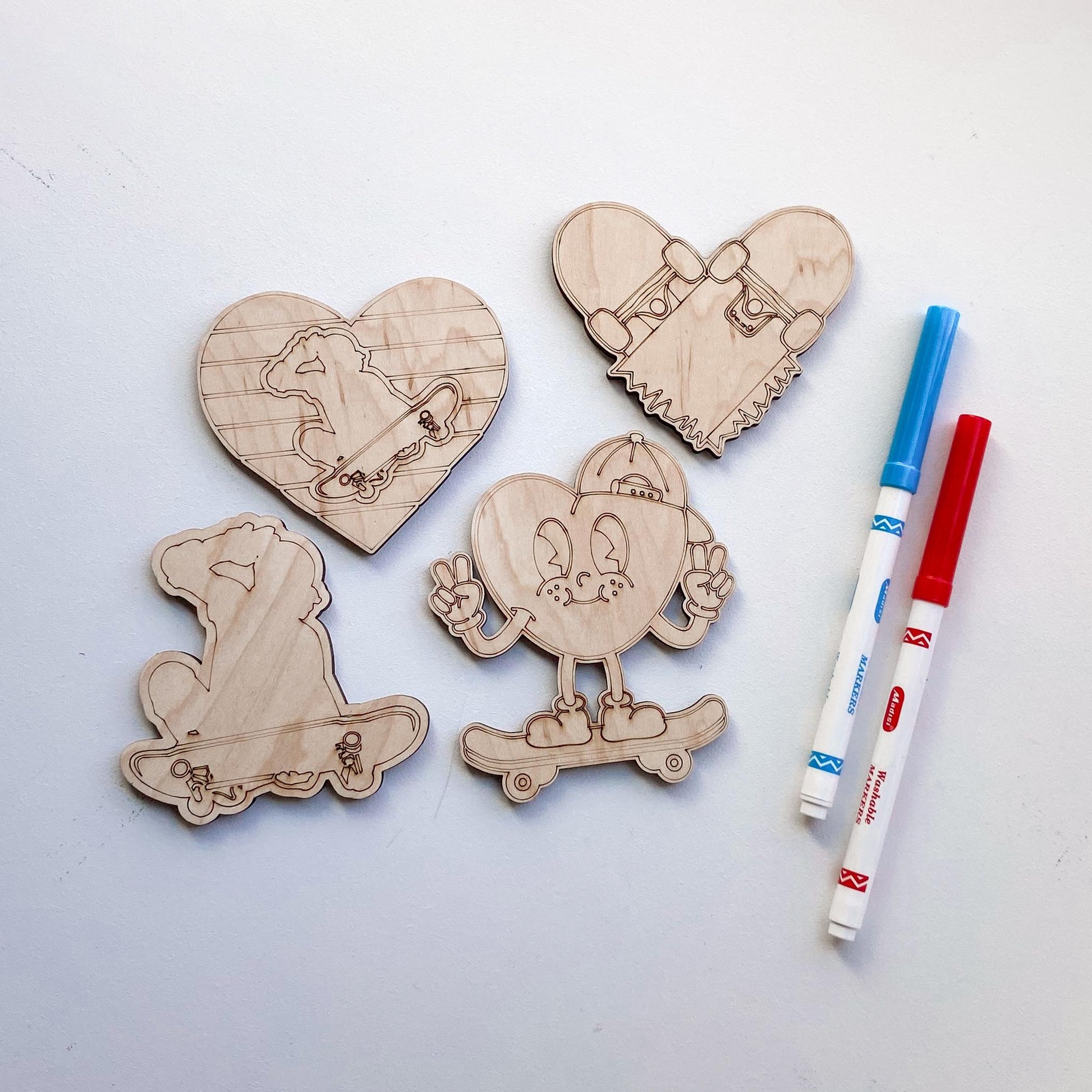 Close-up of new skateboard Valentine card design for kids to color
