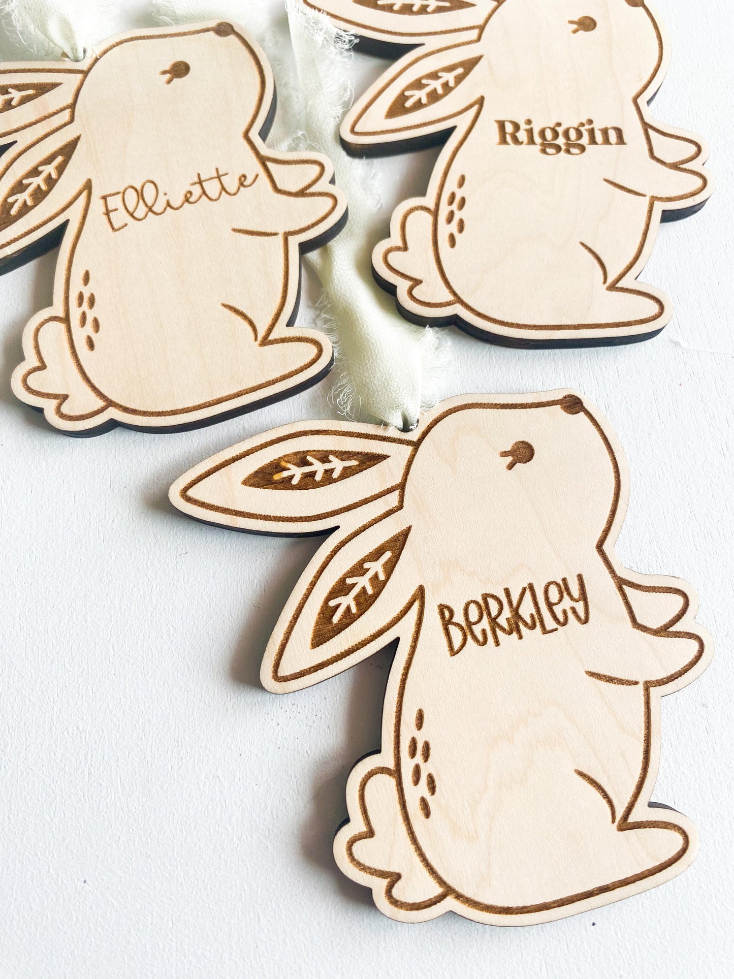 Personalized whimsical Easter tag in natural maple wood, spring basket gift